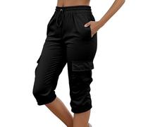 Pantaloni estivi da donna, leggeri, in mussola, casual, 7/8, in cotone, per il tempo libero, comodi, ariosi, dritti, con elastico in vita, larghi, Nero , L