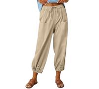 Pantaloni estivi leggeri da donna, in lino, 7/8, in cotone e lino, per il tempo libero, comodi da spiaggia con elastico in vita, estivi, a vita alta, larga, taglie grandi, Palazzo Hsoe, cachi, M