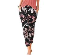 Pantaloni fluidi da donna estivi stampati bohemian a vita alta pantaloni da spiaggia con tasca vintage casual elastici chic piccole gambe leggere comode da yoga Streetwear Beachwear, 01a-nero, S