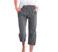 Pantaloni fluidi da donna fluidi casual pantaloni da spiaggia in cotone e lino leggero elastico estivo solido pantaloni chic con tasche larghe morbide comode pantaloni sportivi 3/4, Grigio scuro., M