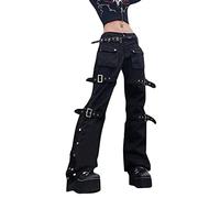 Pantaloni gotici da donna, cargo, boyfriend, jeans da donna, a vita alta, gamba larga, dritta, in denim, pantaloni da ragazza con catena, Z-Black, XL