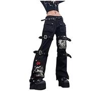 Pantaloni gotici da donna, cargo, boyfriend, jeans da donna, a vita alta, gamba larga, dritta, in denim, pantaloni da ragazza con catena, Nero , M