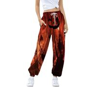 Pantaloni Halloween Donna 2025 Travail Costume di Halloween per Donne Elastico in Vita Modello Stampato Cranio Di Halloween Pantaloni Lunghi Casual Celebrazione Sportwear Economici Running, Rosso