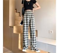 Pantaloni Harajuku a vita alta in stile coreano, da donna, a scacchi, a gamba larga, casual, alla moda, per tutti i giorni e feste (codice medio caffè)