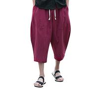 Pantaloni harem capri da uomo in lino, leggeri, larghi, pantaloncini a 3/4, con coulisse elastica in vita, pantaloni casual da spiaggia e yoga (rosso vino, L)