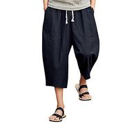 Pantaloni harem capri da uomo in lino, leggeri, sciolti, pantaloncini a 3/4, coulisse elastica in vita, pantaloni casual da spiaggia per yoga (nero, 4XL)