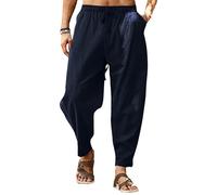 Pantaloni Harem Casual da Uomo in Cotone Boho, Larghi, con Cavallo Basso, Pantaloni Hippie con Tasche, Blu Navy, Taglia L