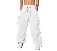 Pantaloni harem da ragazzo con gamba larga, pantaloni cargo con tasche laterali, pantaloni hip hop per il tempo libero da uomo, pantaloni da jogging in stile punk con vita e gambe regolabili, bianco,