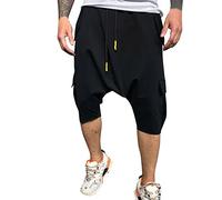 Pantaloni harem da uomo con coulisse, larghi, pantaloni a croce, tinta unita, pantaloncini da jogging con tasche multiple, pantaloncini estivi casual, vestibilità rilassata, pantaloni a 3/4, pantaloni