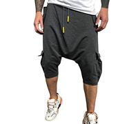 Pantaloni harem da uomo con coulisse, pantaloni larghi a cavallo basso, tinta unita, pantaloncini da jogging con multi tasca, pantaloncini estivi casual, vestibilità rilassata, pantaloni a 3/4,