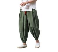 Pantaloni harem da uomo, in cotone e lino, stile hippie, larghi, con risvolto, costume da pirata, con coulisse, vita elasticizzata, gamba larga, pantaloni lunghi alla caviglia, Verde militare, M