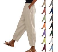 Pantaloni harem in cotone e lino da donna, pantaloni da donna 7/8 a vita alta, con tasche portachiavi a vita elasticizzata loungewear a vita alta, tinta unita, gamba larghezza 55, grigio, L