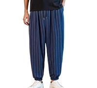 Pantaloni Harem Uomo in Cotone Lino Leggero Traspirante Modello A Righe Verticali Pantaloni Da Lavoro Sport Elastico in Vita con Cordino Caviglia Stretto Taglio Ampio Kimono Giapponese Calze Da