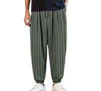 Pantaloni Harem Uomo in Cotone Lino Leggero Traspirante Modello A Righe Verticali Pantaloni Da Lavoro Sport Elastico in Vita con Cordino Caviglia Stretto Taglio Ampio Kimono Giapponese Calze Da
