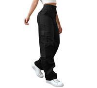 Pantaloni impermeabili da donna, taglie forti, a vita alta, ad asciugatura rapida, pantaloni da paracadute, leggeri, a gamba larga, larghi, pantaloni da lavoro larghi con tasche, Nero , 3XL