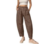Pantaloni in cotone e lino, stile boho, casual, con fiori, per la spiaggia, pantaloni capri, comodi con tasche, estivi, leggeri, da donna, marrone, XXX-Large