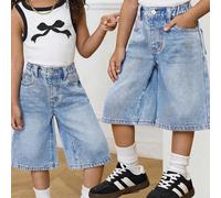 Pantaloni in denim blu rilassati basic da ragazza in stile Y2K, pantaloni 3/4 casual per bambine per primavera ed estate, abbigliamento boho da vacanza, per spiaggia, stile western per ragazze, per sp