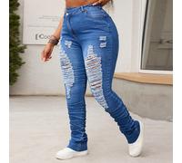 Pantaloni in denim elasticizzati personalizzati e consumati, asimmetrici e a strati, per donne di taglia grande, adatti per la laurea, l'estate e i festival 0XL,1XL,2XL,3XL,4XLDenim