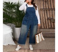 Pantaloni in jeans casual salopette di grandi dimensioni con design a tasche e gamba ampia per donne con vestibilità morbida 0XL,1XL,2XL,3XL,4XL,5XLColore unico,stampa dappertuttoDenim
