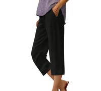 Pantaloni in lino a 3/4 da donna, estivi, a vita alta, in cotone, in tinta unita, elasticizzati, leggeri, ad asciugatura rapida, casual, per attività all'aperto, con coulisse, S-5Xl, Nero , 5XL