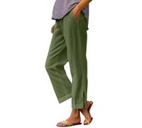 Pantaloni in lino, da donna, 7/8, taglie grandi, in lino, in cotone, con gamba dritta, pantaloni per il tempo libero, con bottoni, traspiranti, da spiaggia, tinta unita, A0 g, S