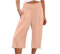 Pantaloni in lino, da donna, a 3/4, casual, a vita alta, in cotone, in lino, comodi, in tinta unita, leggeri, ad asciugatura rapida, per il tempo libero, con coulisse e tasche, S-3Xl, Colore: rosa., L