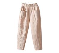 Pantaloni in lino da donna a 3/4, elasticizzati, a vita alta, in cotone e lino, con tasche, beige., M