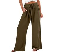 Pantaloni in lino, da donna, a vita alta, in cotone e lino, comodi, in tinta unita, in mussola, elasticizzati, leggeri, in vita elasticizzata, per il tempo libero, con coulisse e tasche, S-4Xl, grigio