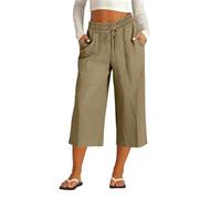 Pantaloni in lino da donna bianchi 3/4 estivi per il tempo libero, pantaloni Capri in cotone e lino, eleganti pantaloni 7/8 comfort, vita elastica con tasche, abbigliamento sportivo per spiaggia relax