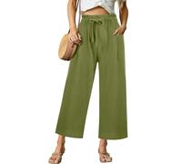 Pantaloni in lino, da donna, casual, a vita alta, in cotone, in lino, comodi, in tinta unita, con gamba larga, per il tempo libero, con coulisse e tasche, S-3Xl, verde, XXL