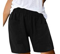 Pantaloni in lino, da donna, casual, per il tempo libero, leggeri, elasticizzati, eleganti, traspiranti, comodi, culottes, morbidi, elastici con tasche, ampia coulisse, Nero , L
