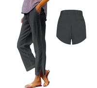 Pantaloni in lino da donna, estivi con elastico in vita, gamba dritta, alla moda, leggeri, con spacchi laterali, casual, da lavoro, con tasche, Grigio scuro, L