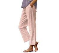 Pantaloni in lino, da donna, estivi, lunghi, con tasche, a righe, leggeri, in lino, con tasche, vintage, per il tempo libero, casual, comodi pantaloni in tessuto, Rosso anguria., XXL
