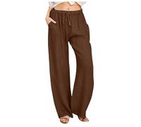 Pantaloni in lino, da donna, estivi, lunghi, larghi, per il tempo libero, leggeri, traspiranti, con tasche, tinta unita, casual, comodi, in vita elasticizzata, in lino, T - Marrone, L