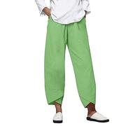 Pantaloni in lino da donna, in cotone e lino, tinta unita, per il tempo libero, estivi, leggeri, elasticizzati, in lino, con tasche, pantaloni da spiaggia, pantaloni da jogging, verde, XXXL