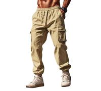 Pantaloni in lino, da uomo, leggeri, bianchi, per il tempo libero, per lo yoga, estivi, con tasche, pantaloni sportivi casual, cachi, S