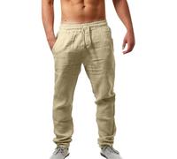 Pantaloni in lino da uomo, leggeri in lino, con coulisse, da uomo, lunghi, estivi, per il tempo libero, casual, da spiaggia, comodi da yoga, elasticizzati, in tessuto, B7, L