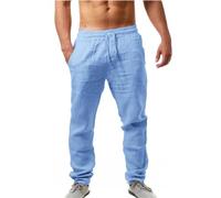 Pantaloni in lino da uomo, lunghi, slim fit, estivi, da uomo, leggeri, per il tempo libero, con coulisse e tasche, da spiaggia, elasticizzati, in vita, tinta unita, sottili, comodi, Celeste., L