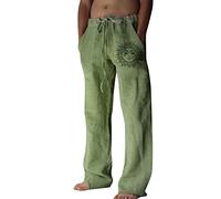 Pantaloni in lino, da uomo, per il tempo libero, lunghi, leggeri, estivi, in lino, largo, casual, tinta unita, comodi, verde, M