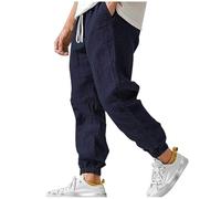 Pantaloni in lino di cotone per uomo tinta unita coulisse elastico in vita pantaloni tasca abbigliamento da lavoro pantaloni alla caviglia, A-132 Blu marino, S