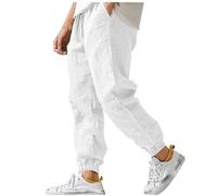 Pantaloni in lino di cotone per uomo tinta unita coulisse elastico in vita pantaloni tasca abbigliamento da lavoro pantaloni alla caviglia, A-132 Bianco, L