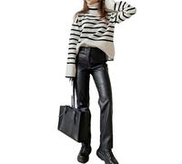 Pantaloni in pelle da donna con cerniera sottile pantaloni classici in pelle sintetica PU aderente, Nero , L