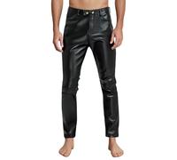 Pantaloni in pelle, da uomo, elasticizzati, classici, effetto bagnato, in similpelle, slim fit, dritto, con tasche, casual, in pelle, per moto, cosplay, balli, feste, club, Nero , 34