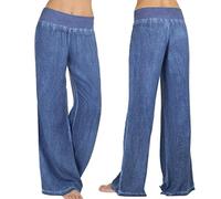 Pantaloni in tessuto da donna a gamba larga, eleganti, da donna, a vita alta, elasticizzati, per il tempo libero, taglie forti, lunghi, estivi, leggeri, Blu, L