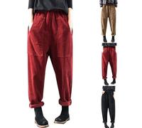 Pantaloni in velluto a coste da donna con vita elasticizzata con grande tasca, pantaloni casual a lunghezza intera, vestibilità rilassata, tinta unita, elasticizzati, leggeri, pantaloni harem da