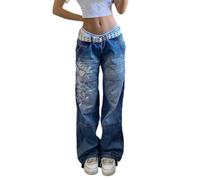 Pantaloni Invernali Dritti Blu lavati a Vita Bassa con Stampa Cuore d'Amore da Donna alla Moda Invernale - Blu - S