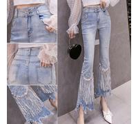 Pantaloni Jeans Asimmetrici Da Donna Con Paillettes Strass E Frange A Vita Alta