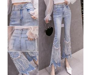 Pantaloni Jeans Asimmetrici Da Donna Con Paillettes Strass E Frange A Vita Alta