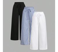 Pantaloni larghi casual, comodi e versatili con vita elastica, per donne taglia grande, confezione da 3 pezzi, adatti per l'autunno/inverno, disponibili in più colori, come nero, bianco e a righe 0XL,