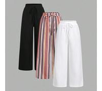 Pantaloni larghi casual, comodi e versatili con vita elastica, per donne taglia grande, confezione da 3 pezzi, adatti per l'autunno/inverno, disponibili in più colori come nero, bianco e a righe 0XL,1